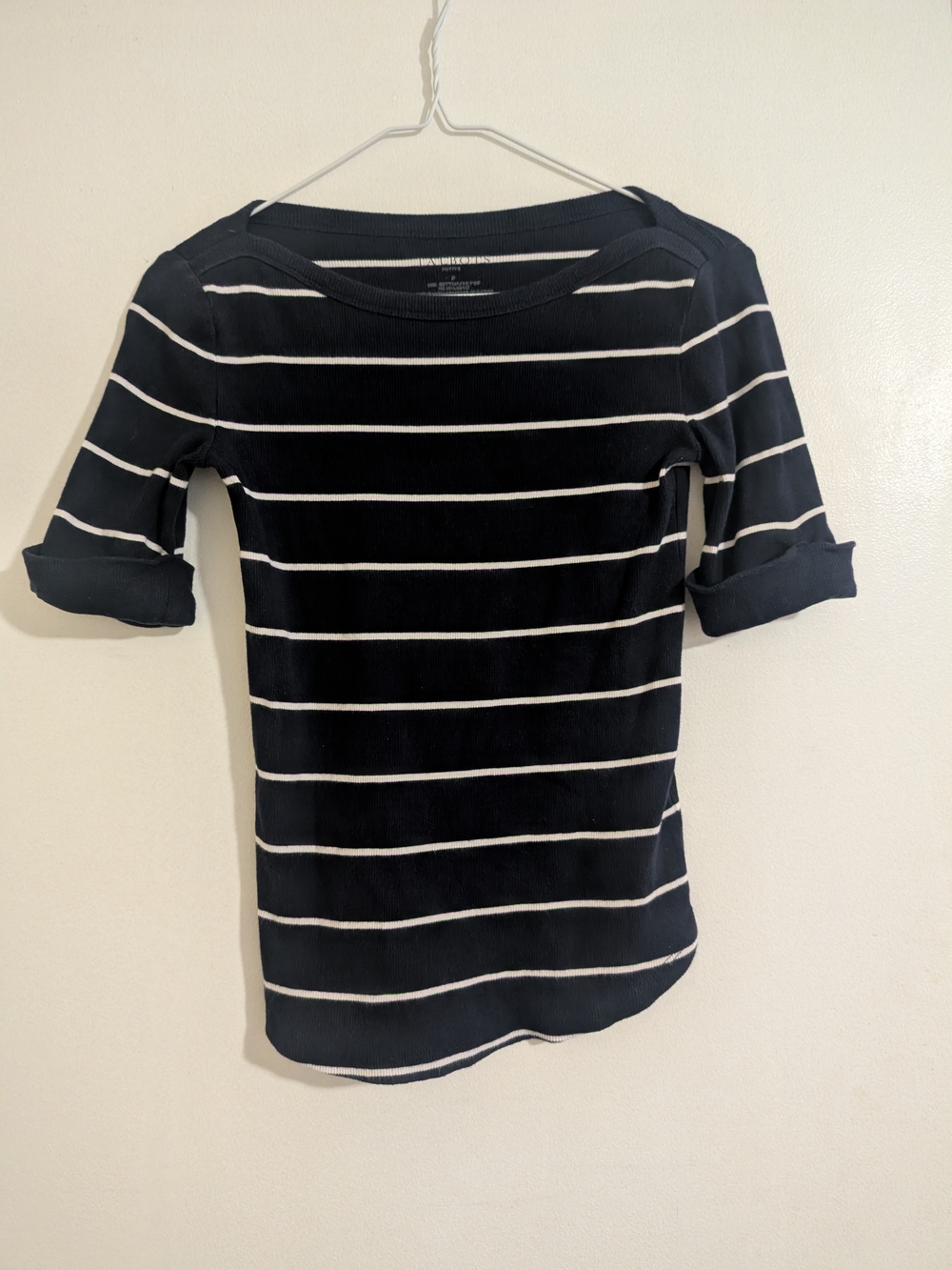 Talbots Petite Navy White Striped Ribbed Boatneck Top Size Small